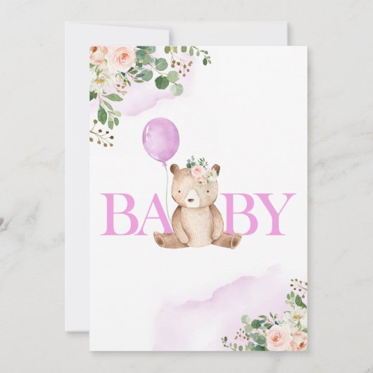 Greenery Girl Teddy Bear Balloon Baby Shower Einladung (Rückseite)