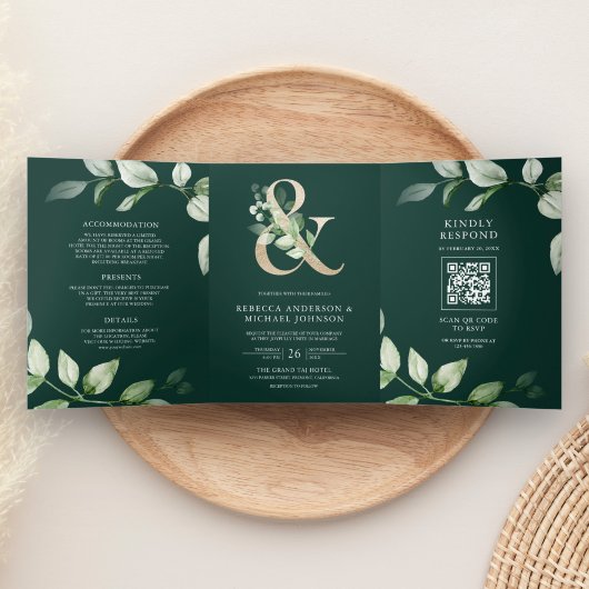 Greenery Gold Ampersand QR Code Emerald Wedding Dreifach Gefaltete Einladung