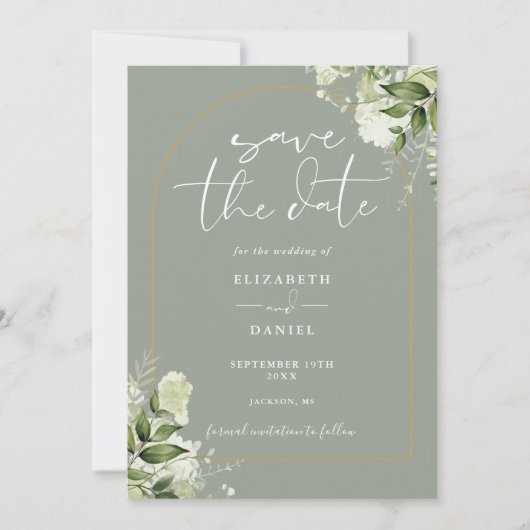 Greenery Gold Arch Foto Sage Green Wedding Save The Date (Vorderseite)