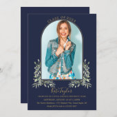 Greenery Gold Arch Navy Blue Foto Abschluss Invi Einladung (Vorne/Hinten)