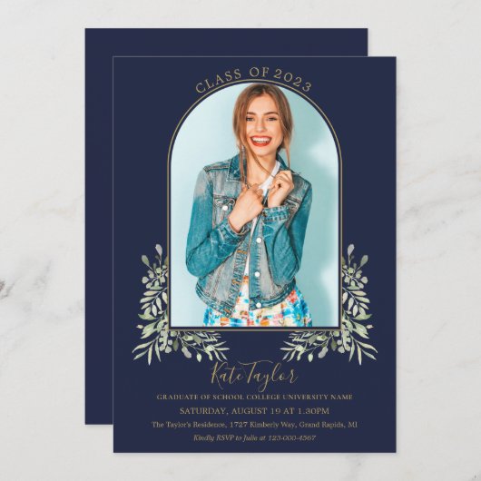 Greenery Gold Arch Navy Blue Foto Abschluss Invi Einladung (Vorne/Hinten)