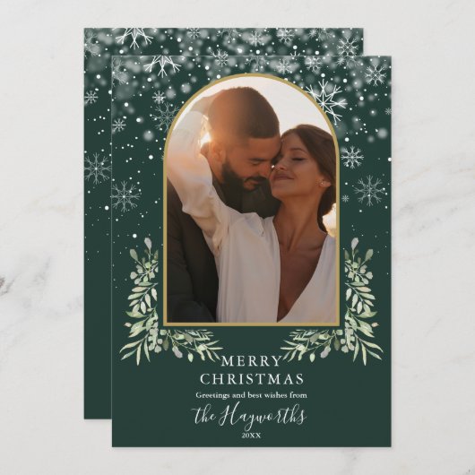 Greenery Gold Arch Script Foto Weihnachten (Vorne/Hinten)