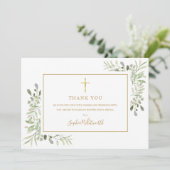 Greenery Gold Baptism Christening Foto Dankeskarte (Stehend Vorderseite)