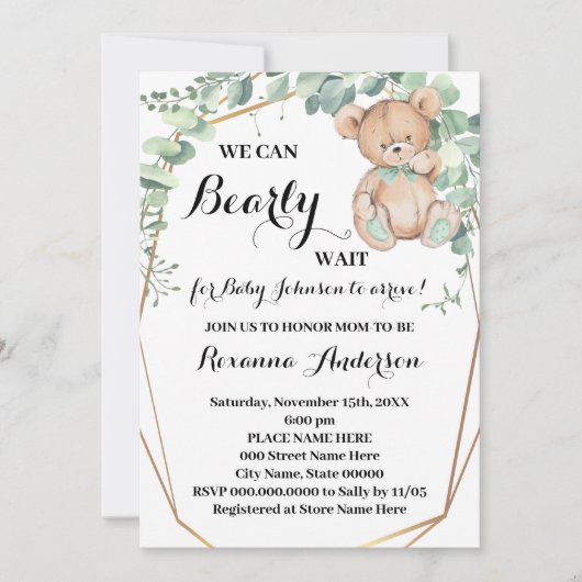 Greenery Gold Bear Baby Dusche Bearly wait Baby Einladung (Vorderseite)