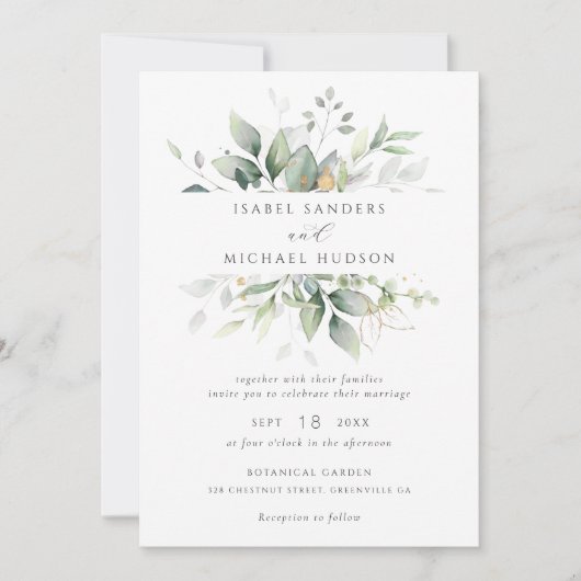 Greenery Gold Blätter Aquarellfolie Moderne Einladung (Vorderseite)