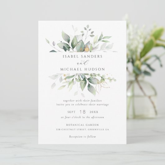 Greenery Gold Blätter Aquarellfolie Moderne Einladung (Stehend Vorderseite)