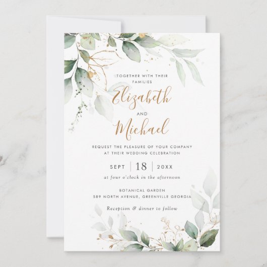 Greenery Gold Blätter Branch Watercolor Wedding Einladung (Vorderseite)