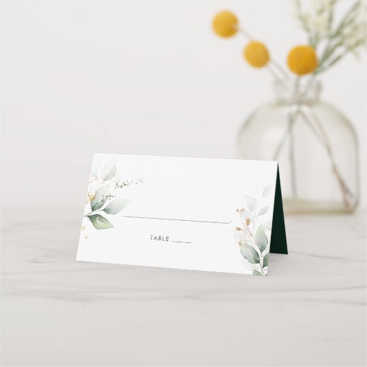 Greenery Gold Blätter Foliage Elegante Wasserfarbe Platzkarte (Vorderseite)