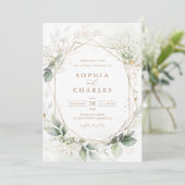 Greenery Gold Blätter Geometric Wedding Einladung (Stehend Vorderseite)
