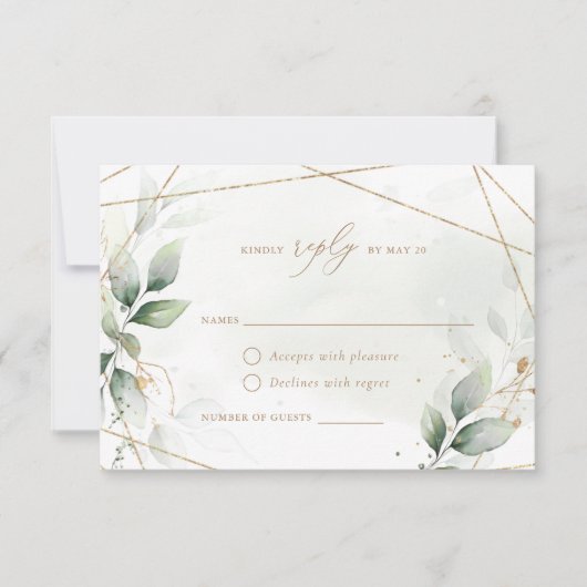 Greenery Gold Blätter Geometric Wedding RSVP Einladung (Vorderseite)