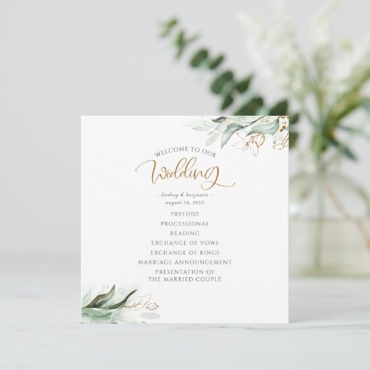 Greenery Gold Blätter Hochzeitsprogramm Programm (Stehend Vorderseite)