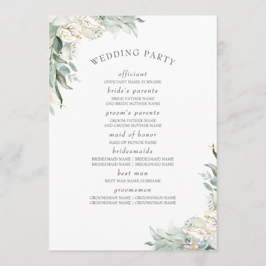 Greenery Gold Blätter Hochzeitsprogramm Programm (Rückseite)