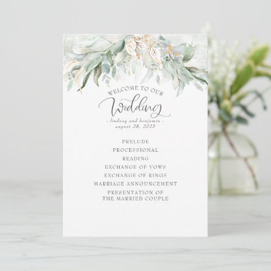 Greenery Gold Blätter Hochzeitsprogramm Programm (Stehend Vorderseite)