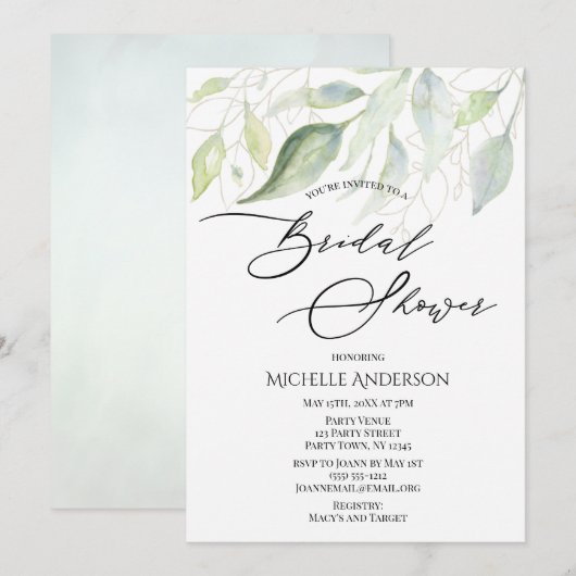 Greenery Gold Botanical Blätter Brautparty Einladung (Vorne/Hinten)