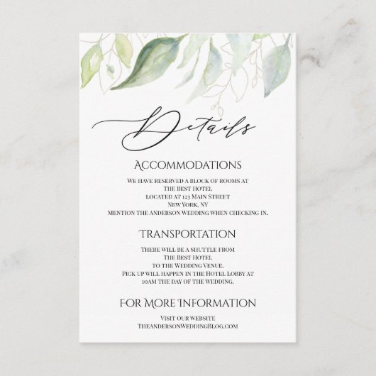 Greenery Gold Botanische Blätter Unterkünfte Begleitkarte (Vorderseite)