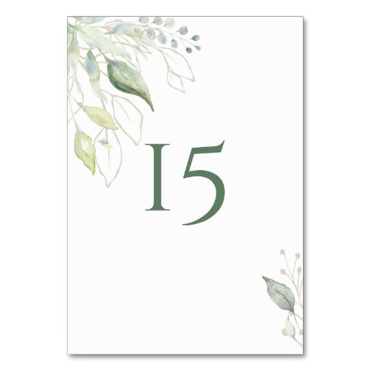 Greenery Gold Botanische Blätter Wasserfarbe Tischnummer (Vorderseite)