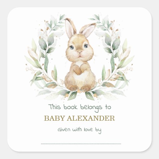 Greenery Gold Bunny Rabbit Baby Shower Buchzeichen Quadratischer Aufkleber (Vorderseite)