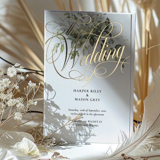 Greenery Gold Calligraphy Wedding Elegante Script Folieneinladung