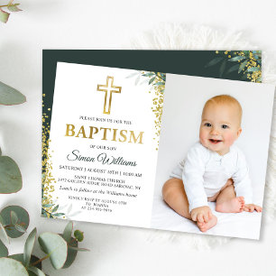 Greenery Gold Cross Glitzer Taufe Foto Einladung