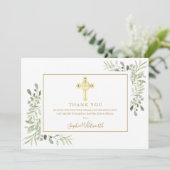 Greenery Gold Cross Taufe Christening Foto Dankeskarte (Stehend Vorderseite)