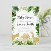 Greenery Gold Dinosaur Babydusche Einladung (Stehend Vorderseite)
