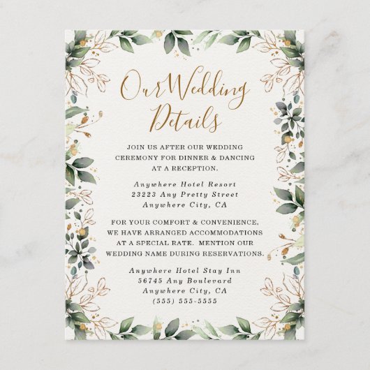Greenery Gold Elegant Watercolor Boho Leaf Wedding Begleitkarte (Vorderseite)