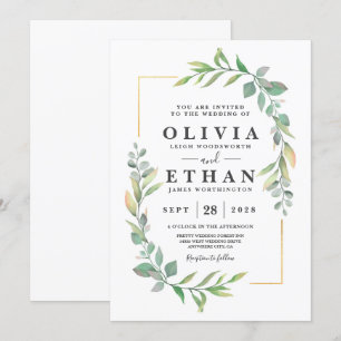 Greenery Gold Elegant Watercolor Boho Leaf Wedding Einladung