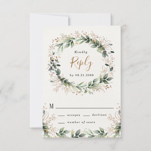 Greenery Gold Elegant Watercolor Boho Leaf Wedding RSVP Karte (Vorderseite)