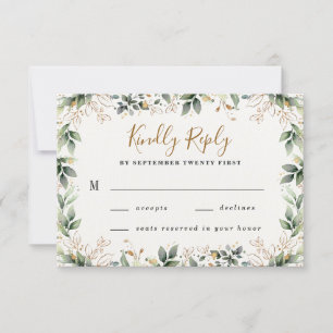 Greenery Gold Elegant Watercolor Boho Leaf Wedding RSVP Karte