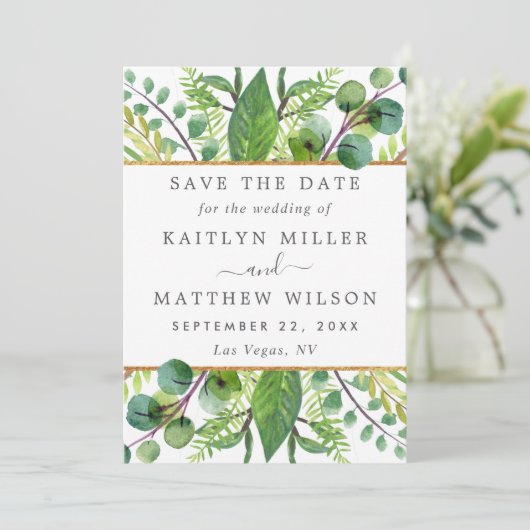 Greenery & Gold Elegante Hochzeit Save the Date (Stehend Vorderseite)