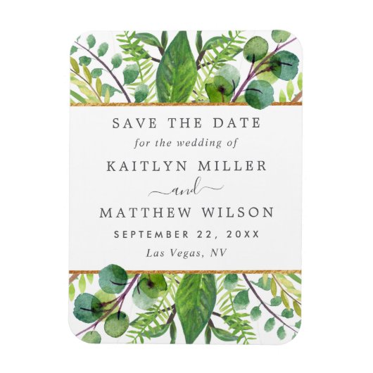Greenery & Gold Elegante Hochzeit Save the Date Magnet (Vertikal)
