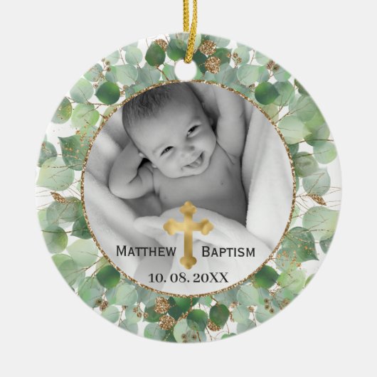 Greenery Gold Eucalyptus Baby Baptism Foto Keramik Ornament (Vorne)