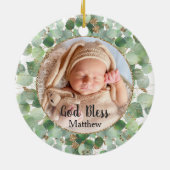 Greenery Gold Eucalyptus Baby Baptism Foto Keramik Ornament (Hinten)