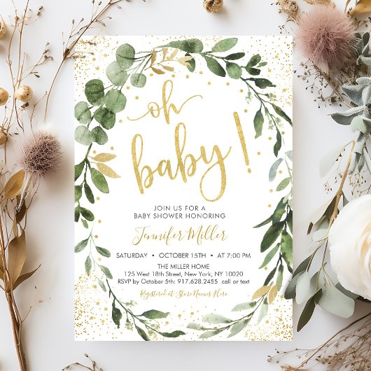Greenery & Gold Eucalyptus Baby Shower Einladung