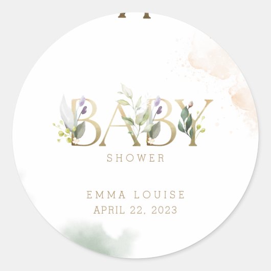 Greenery Gold Eucalyptus Baby Shower Runder Aufkleber (Vorderseite)