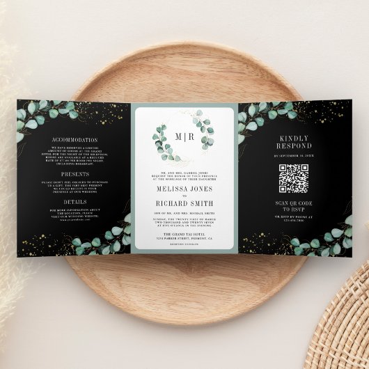 Greenery Gold Eucalyptus Black QR Code Wedding Dreifach Gefaltete Einladung