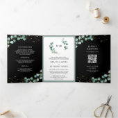 Greenery Gold Eucalyptus Black QR Code Wedding Dreifach Gefaltete Einladung (Innenseite)
