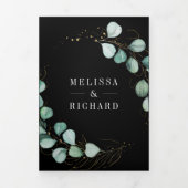 Greenery Gold Eucalyptus Black QR Code Wedding Dreifach Gefaltete Einladung (Cover)