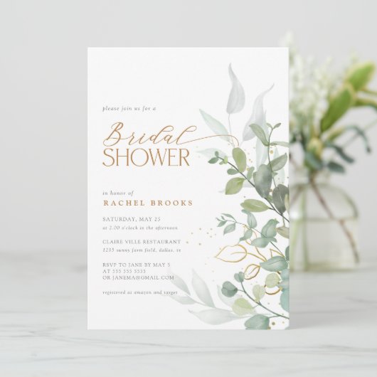 Greenery Gold Eucalyptus Boho Brautparty Einladung (Stehend Vorderseite)