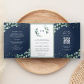 Greenery Gold Eucalyptus Navy Blue QR Code Wedding Dreifach Gefaltete Einladung