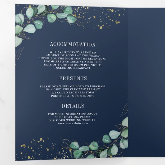 Greenery Gold Eucalyptus Navy Blue QR Code Wedding Dreifach Gefaltete Einladung (Innen Erste Seite)