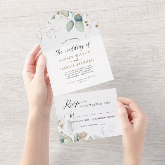 Greenery Gold Eucalyptus Rustic Wedding All In One Einladung (Abreißen)