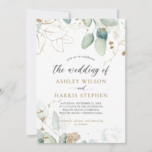 Greenery Gold Eucalyptus Rustic Wedding Einladung (Vorderseite)