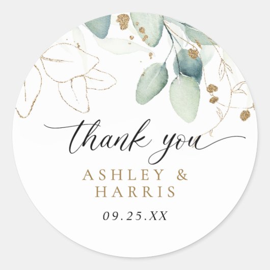 Greenery Gold Eucalyptus Rustic Wedding Runder Aufkleber (Vorderseite)