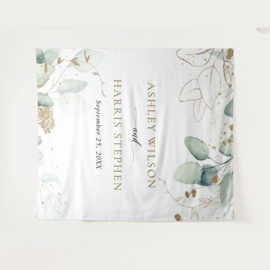 Greenery Gold Eucalyptus Rustic Wedding Wandteppich (Vorderseite (Horizontal))