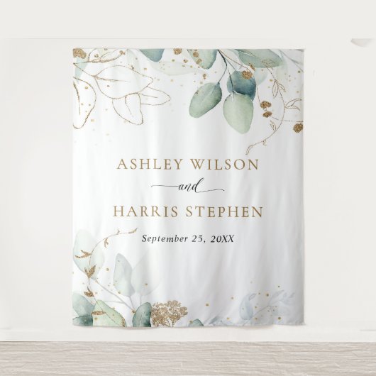 Greenery Gold Eucalyptus Rustic Wedding Wandteppich (Vorderseite)