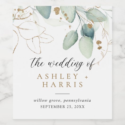 Greenery Gold Eucalyptus Rustic Wedding Weinetikett (Einzelnes Label)