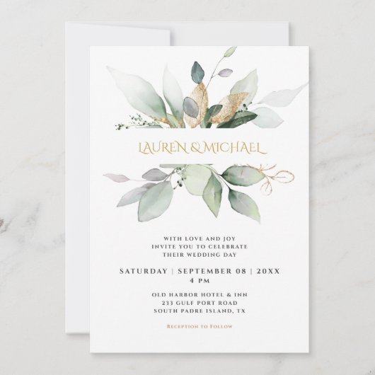 Greenery & Gold Eucalyptus Wedding Einladung (Vorderseite)
