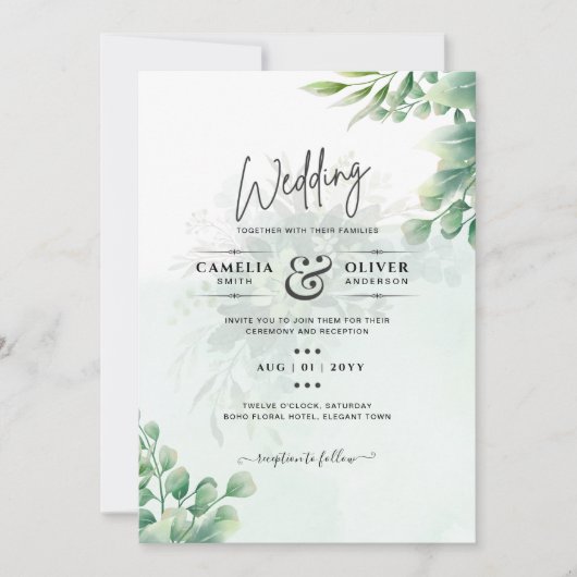 Greenery Gold Eucalyptus WEDDING QR CODE Moderne Einladung (Vorderseite)