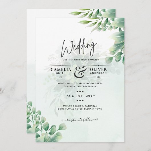 Greenery Gold Eucalyptus WEDDING QR CODE Moderne Einladung (Vorne/Hinten)